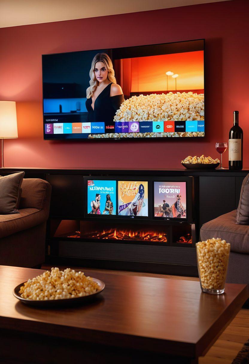 A cozy and stylish living room setting with a large, modern TV screen displaying a vibrant, cinematic scene from an adult film (tasteful and non-explicit). A relaxed ambiance with dim lighting, popcorn, and a glass of wine on the coffee table. Include small icons or logos of popular streaming platforms subtly integrated into the background. super-realistic. vibrant colors. warm lighting.