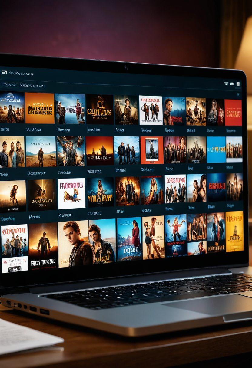 A sleek, modern laptop screen showing a vibrant and diverse array of movie thumbnails, ranging from free to premium adult films; the background shows a cozy, dimly lit room with soft, warm lighting, giving a private and comfortable atmosphere. The website design on the screen should include ratings and categories for easy navigation. 3D, hyper-realistic, vibrant colors, intimate and cozy setting.