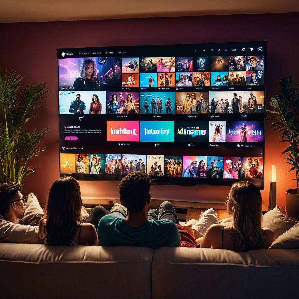 A diverse group of people lounging comfortably on a couch, watching a large TV screen that displays a stylish interface of multiple streaming platforms with adult film selections. The room has a cozy and modern vibe, with soft lighting and vibrant colors emanating from the TV screen. super-realistic. vibrant colors. indoor scene.